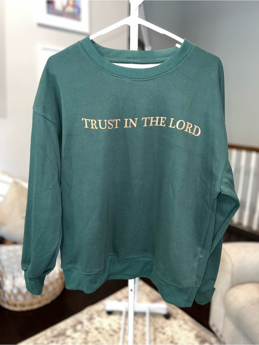 Dark Green Sweatshirt with Gold 'Trust in the Lord' Print